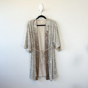 So Women's Sequin Kimono Duster Belted Champagne Glam Party Festive Size S/M